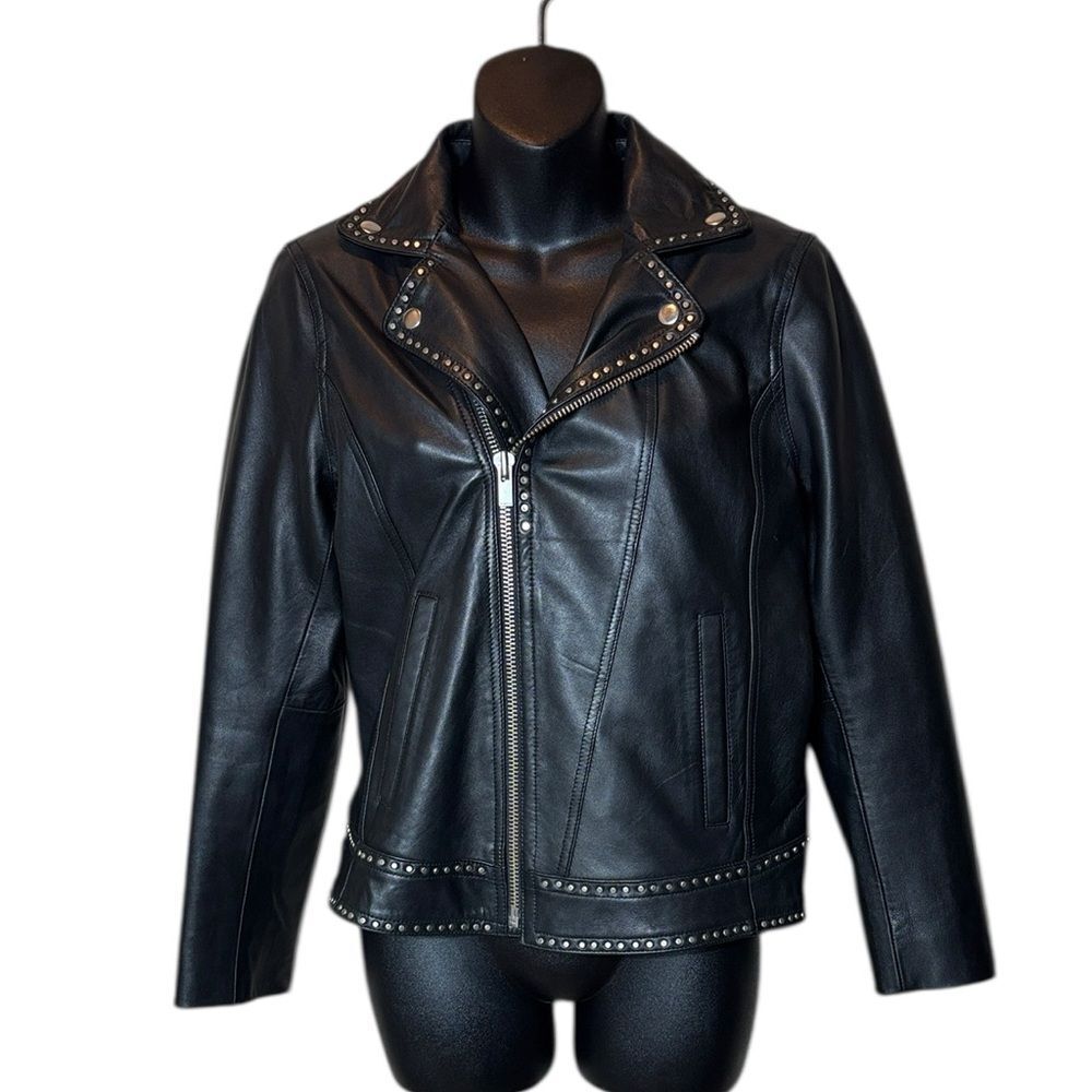 The kooples women’s 100% lambskin leather studded moto‎ jacket edgy goth